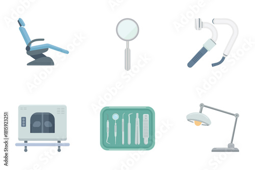 Dental clinic equipment icons, laboratory microscope, mouth mirror, scaler handpiece, autoclave sterilizer, instrument tray, operatory lamp, professional vector