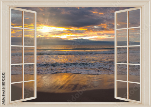 Open window to a seascape at dawn