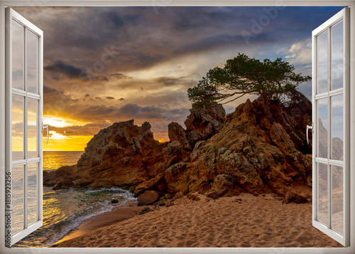 Open window to a seascape at dawn