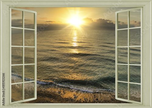 Open window to a seascape at dawn