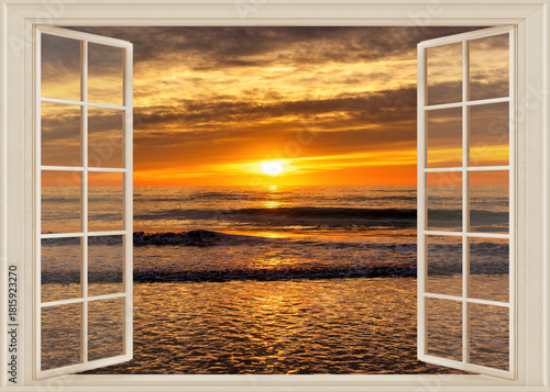 Open window to a seascape at dawn