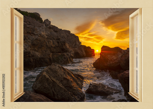 Open window to a seascape at dawn