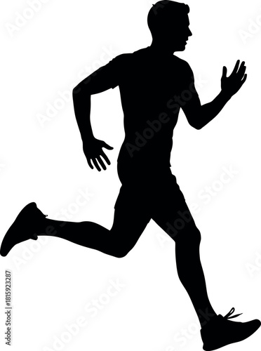Black silhouette of a man running or jogging, depicting motion and athletic activity, isolated on