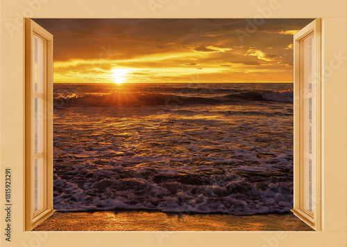 Open window to a seascape at dawn