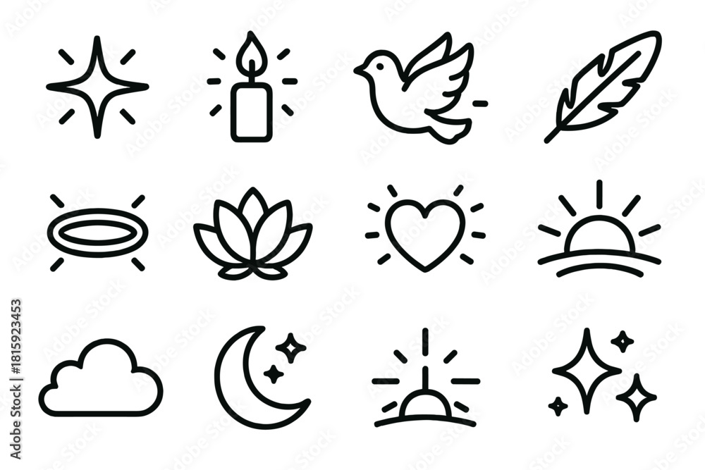 Fototapeta premium Radiant Spiritual Symbols. Divine Joy linear icon set : radiant star, candle flame, dove, feather, halo ring, lotus flower, glowing heart, sunrise beam, golden aura, soft cloud