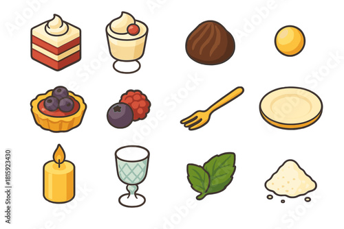 Isometric Holiday Desserts. Elegant Holiday Desserts flat icon set: layered cake, mousse cup, chocolate truffle, sugar pearl, tartlet, berry topping, gold fork, dessert plate