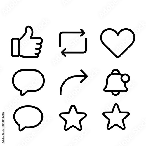 Digital Reaction Icons. Digital reaction concept linear icon set: like button, repost icon, chat bubble, heart, comment icon, share arrow, notification dot, star