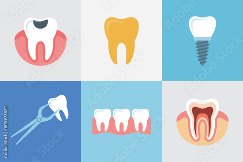 Tooth care treatment grid, healthy enamel icon, implant screw, whitening cleaning, root canal diagram, extraction scene, dental vector
