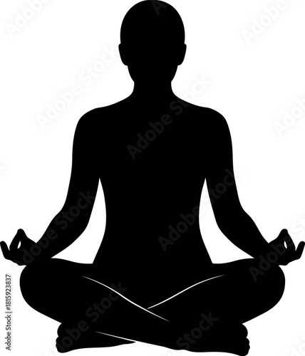 Black silhouette of a person meditating in the lotus position, symbolizing peace and mindfulness, isolated on
