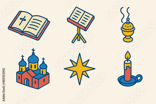 Orthodox Christmas Icons. Orthodox Christmas Worship Service flat icon set: open bible, choir stand, incense smoke, church interior, star, candleholder