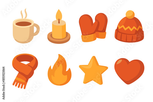 Cozy Winter Icons. Winter warmth flat icon set : hot drink, candlelight, wool hat, mittens, scarf, fire flame, star, heart