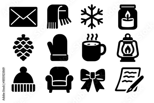 Brutalist Winter Icons. Seasonal Warmth silhouette icon set : envelope, wool scarf, snow crystal, candle jar, pinecone, soft glove, hot cocoa, glowing lantern, knitted hat, cozy