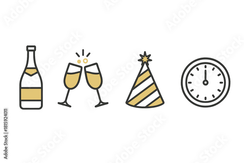 New Year Icons. Festive icon set includes a champagne bottle, a pair of clinking glasses, a party hat, fireworks, and a clock striking midnight. Each icon is. Vector illustration