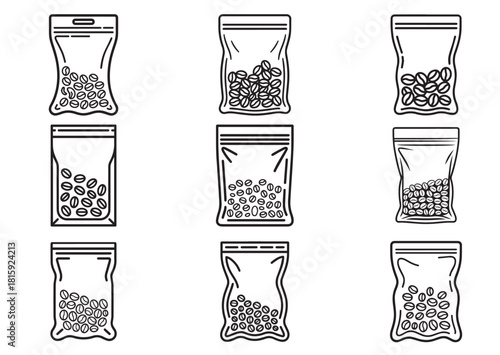 Set of Vacuum bag with coffee beans Line art vector