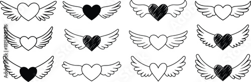 Set of twelve black and white flying heart icons with angel wings, romantic love symbol illustration, vector line art design collection