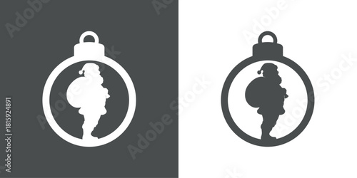 Tiempo de Navidad. Logo con silueta de bola de navidad con Santa Claus de pie con bolsa de regalos para tarjetas y felicitaciones