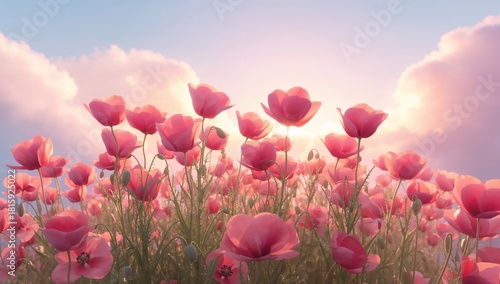 Bright Pink Poppies Bloom Under a Soft Pastel Sky at Sunset