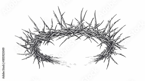 Intricate woven depiction of sharp thorns forming a circular structure rests against a stark white background