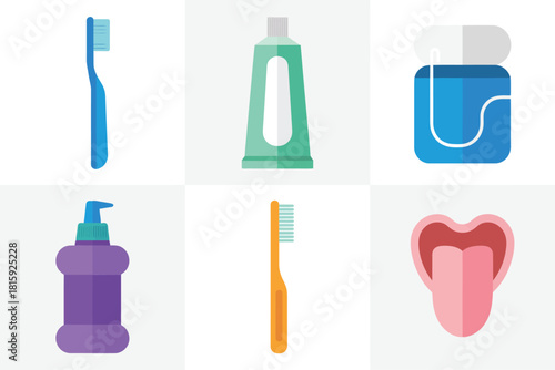 Oral hygiene products grid, toothbrush silhouette, toothpaste tube, purple mouthwash, interdental brush, dental gel bottle, tooth anatomy badge