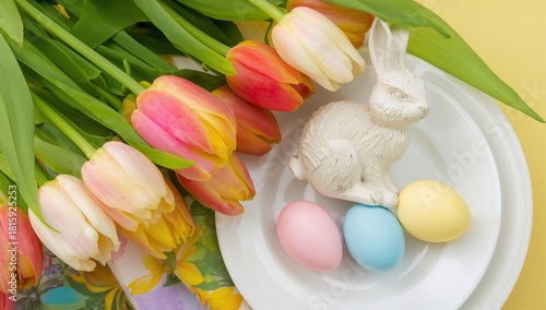 Colorful Easter Decoration With Flowers and Painted Eggs on a Table