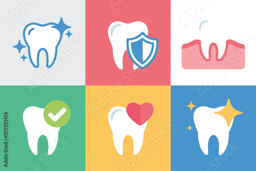 Tooth care icons grid, healthy tooth with check mark, shield protection, bleeding gum symbol, heart, star sparkle, vector