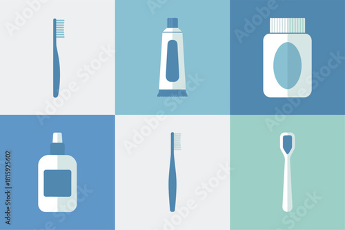 Oral hygiene tools collection, toothbrush variations, toothpaste tube, mouthwash bottle, dental floss pick, clean minimal icons, vector
