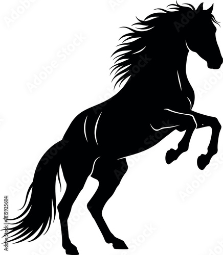 Black silhouette of a powerful horse rearing up on its hind legs, isolated on
