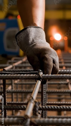 Hands working with metal reinforcement at construction site. Skilled laborer secures steel rods for strong foundation. Industrial setting creates focused, productive atmosphere.