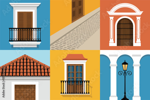Colorful colonial architecture collage, balconies and shutters, arched doorway, terracotta roof tiles, street lamp element, urban vector