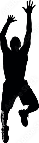 Silhouette of a basketball player jumping with arms raised, reaching for a shot, isolated on