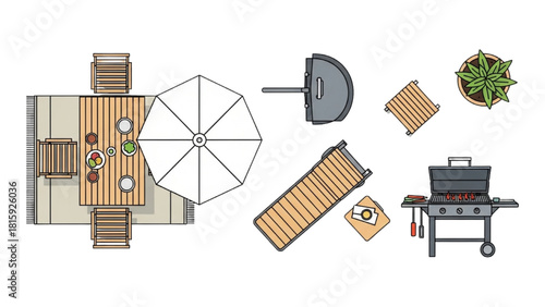 Illustrative overhead scene of a complete patio setup for summer entertaining, featuring grilling and relaxation