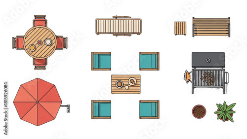 Top-down view of patio furniture and accessories for outdoor living