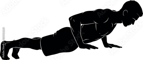 Silhouette of a person performing a pushup exercise, demonstrating strength and fitness, isolated on