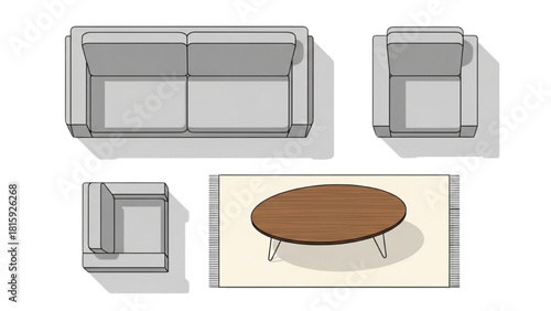 Top-down illustration of a minimalist living room furniture set for an interior design floor plan