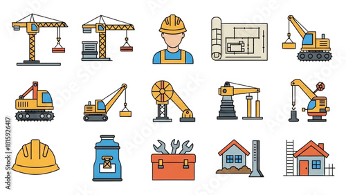Colorful line art icon set for the construction and building industry