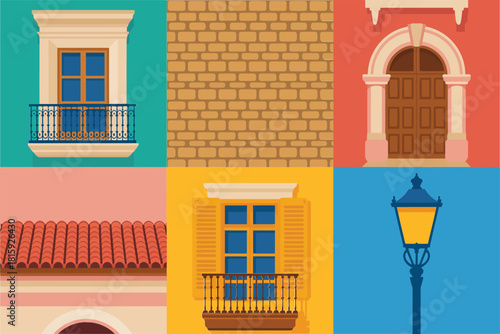 Mediterranean windows and doors, colorful facade tiles, balcony railing, textured stucco wall, terracotta roof, street lamp, vector