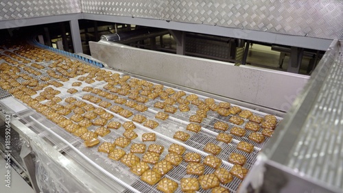 Cookies traveling on a conveyor belt, forming part of an automated production line in a large industrial food manufacturing plant