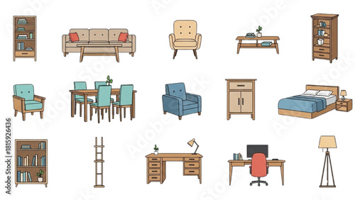 Stylish collection of modern home furniture pieces for interior design concepts