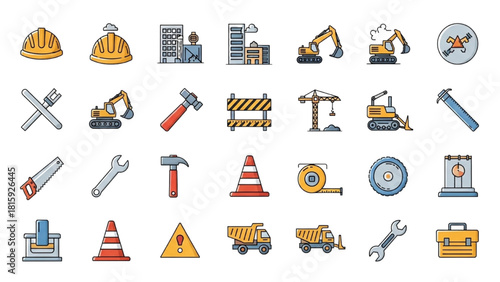 Vibrant Collection of Construction Industry Icons Featuring Essential Building Tools and Equipment