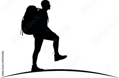 Silhouette of a male hiker with a large backpack stepping uphill, isolated on