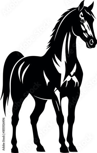 Elegant black silhouette of a majestic horse standing proudly, isolated on