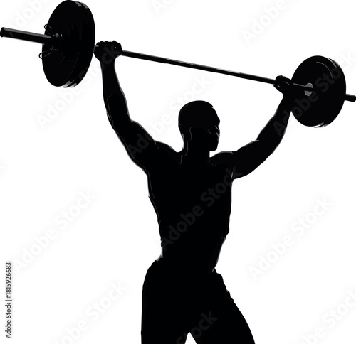 Silhouette of a strong person performing an overhead lift with a barbell, isolated on