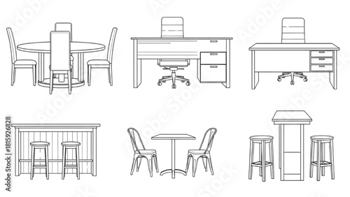 A collection of outline illustrations featuring various furniture sets for interior design concepts