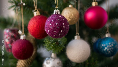 Colorful Ornaments Hanging on a Christmas Tree During the Holiday Season at Home