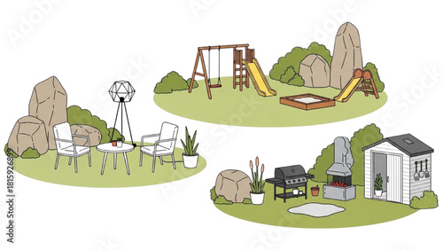 Outdoor living spaces with furniture, play structures, and barbecue area illustrations