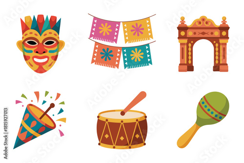 Parade celebration elements, festive mask, string bunting, triumphal arch, shaker maraca, marching drum, sparkling confetti, bright vector