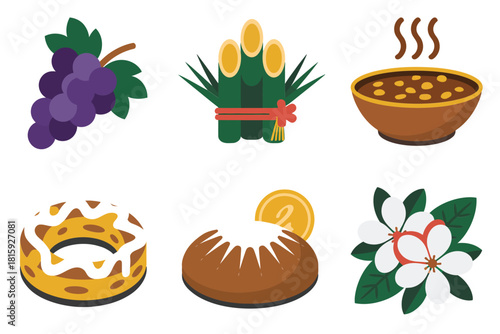 Festival dessert icons set, grapes with leaves, sugar palm treats, hot sweet porridge bowl, ring cakes, blossom decoration