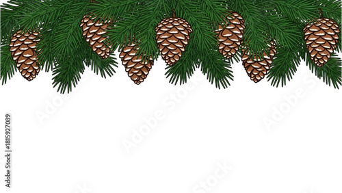 Festive Pine Branches Adorned with Realistic Pine Cones Border