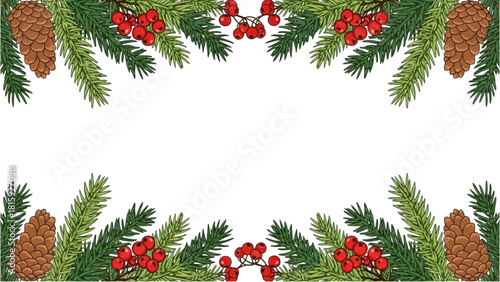 Festive seasonal border with evergreen pine branches, rustic cones, and vibrant red berries, ideal for winter holiday designs