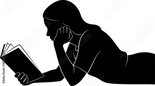 Black silhouette of a person lying down and reading a book, isolated on